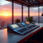 "A sleek silver music production console in a state-of-the-art recording studio with AI automation system, surrounded by soft LED lighting and cityscape at sunset."