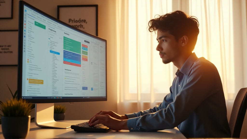 "A young professional sits at a minimalist desk, surrounded by AI-powered productivity tools like Trello boards, Todoist lists, and Google Calendar schedules, with a calm focus and determination."