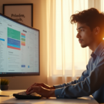 "Boost Your Productivity with Top AI Tools for Everyday Use" "A young professional sits at a minimalist desk, surrounded by AI-powered productivity tools like Trello boards, Todoist lists, and Google Calendar schedules, with a calm focus and determination."