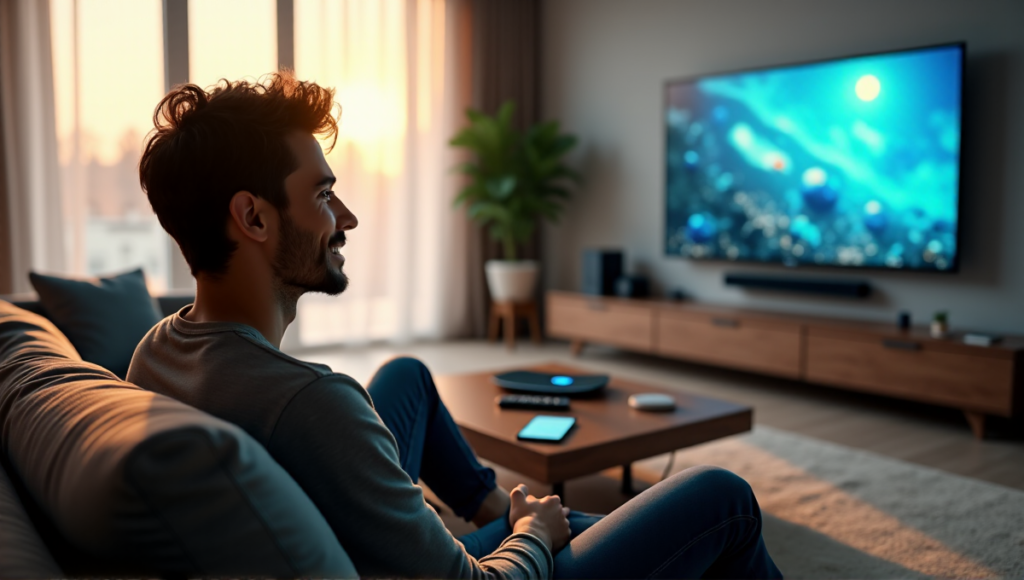 "A young adult relaxes on a couch in a modern living room surrounded by AI-powered devices, enjoying high-definition TV with AI apps."
