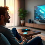 "A young adult relaxes on a couch in a modern living room surrounded by AI-powered devices, enjoying high-definition TV with AI apps."