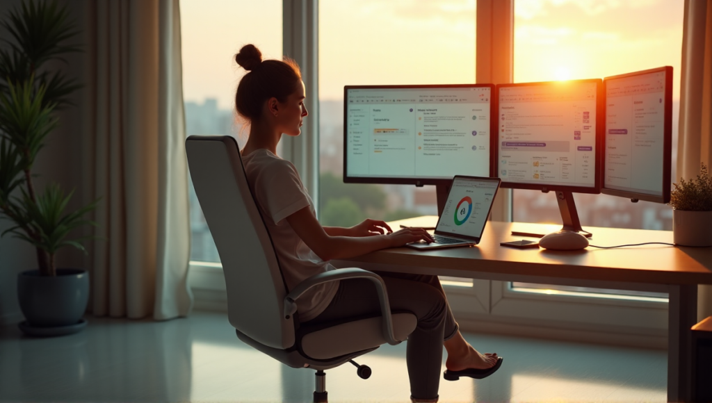 "A young woman sits comfortably on an ergonomic office chair surrounded by a high-end AI-powered computer system, effortlessly managing stress with AI automation solutions."