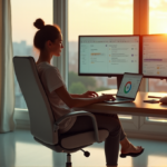"Unlocking Daily Efficiency with AI Innovations: Boosting Stress Management and Productivity" "A young woman sits comfortably on an ergonomic office chair surrounded by a high-end AI-powered computer system, effortlessly managing stress with AI automation solutions."