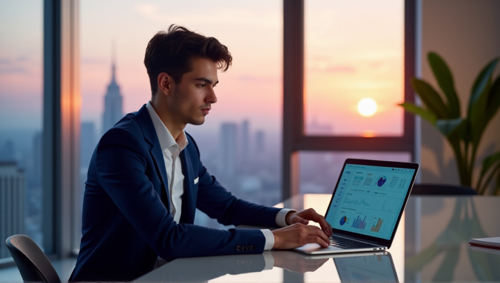 "A young professional sits confidently at a glass-topped desk with an AI-powered laptop displaying productivity metrics and efficiency tools, set against a serene cityscape backdrop."