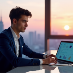 "A young professional sits confidently at a glass-topped desk with an AI-powered laptop displaying productivity metrics and efficiency tools, set against a serene cityscape backdrop."