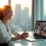 "A young professional woman confidently uses AI-powered laptop in a minimalist office setting with virtual networking platform on screen."