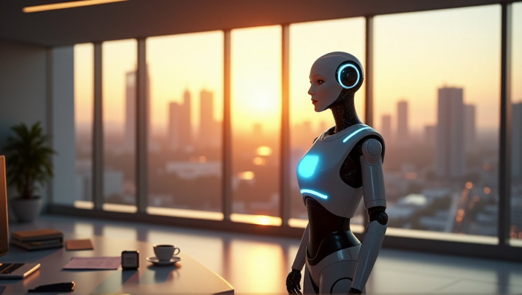 "A futuristic customer service center with a sleek silver robotic assistant standing in front of a glass wall offering a cityscape view at sunset, surrounded by subtle human presence."