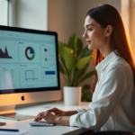 "Unlock Your Path to Higher Productivity with AI-Driven Efficiency Tools" "A young professional woman sits confidently at a minimalist desk, gazing at an AI-powered productivity dashboard on her computer monitor."