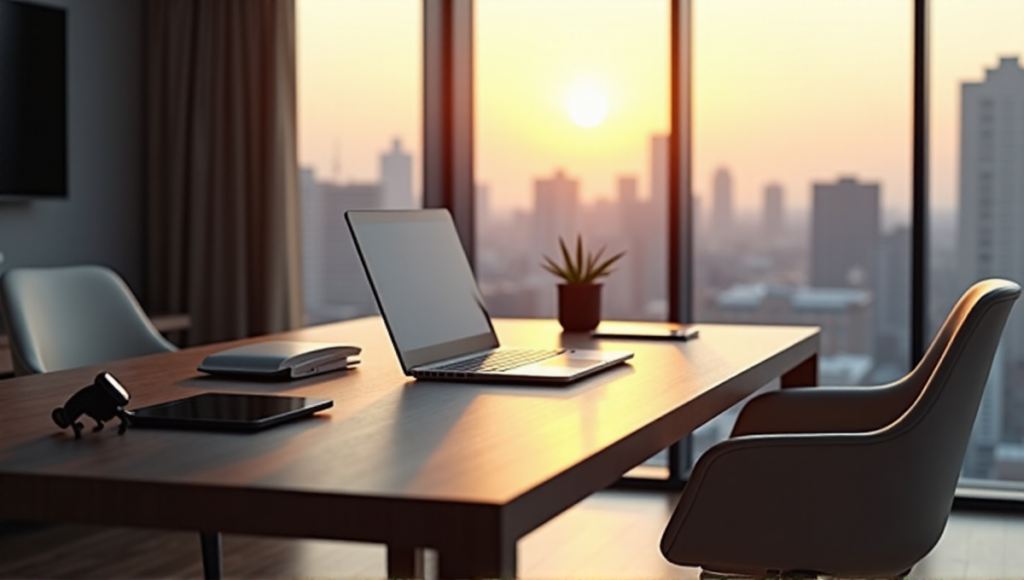 "A modern office space featuring a minimalist desk with cutting-edge AI tools, including a smartwatch, tablet, and laptop, surrounded by a serene cityscape at dawn."