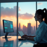 How AI Enhances Customer Service through Sentiment Analysis and Automation Solutions "A modern customer service center with a female representative surrounded by data analytics screens and AI-powered chat windows, amidst a serene cityscape at dusk."