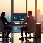 "A modern office scene featuring a minimalist desk with an AI task management system on a high-end computer monitor, surrounded by business professionals in professional attire, set against a natural light-filled backdrop."