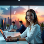 "Unlock Customer Service Excellence with AI-Powered Solutions: Transforming Standards and Efficiency" "A diverse customer service team collaborates in a modern call center surrounded by cutting-edge AI-powered technology and innovative tools, highlighting human connection and expertise with AI Automation Solutions."