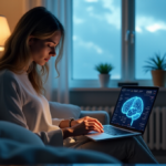 How AI Enhances Mental Health Support with AI-Powered Insights "A serene woman sits on a couch, cradling a laptop displaying brain activity visuals, surrounded by calming artwork and plants in a peaceful room with soft lighting."