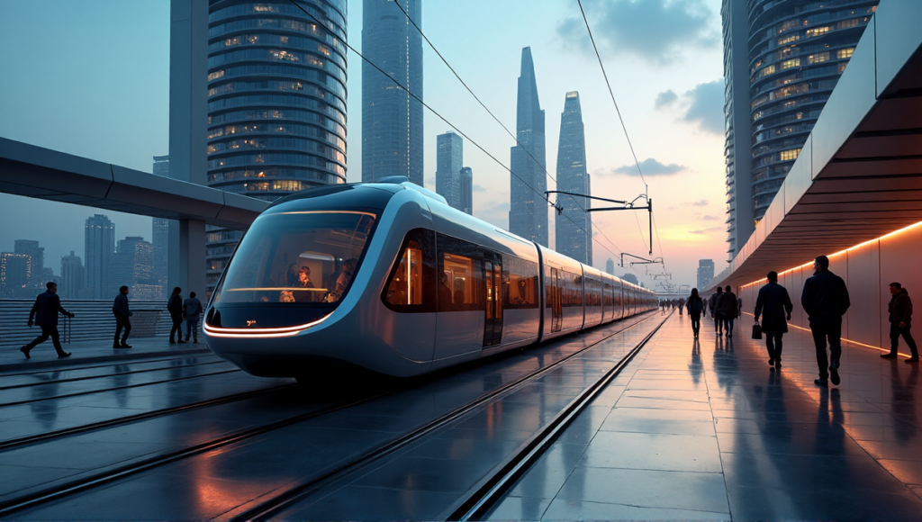 "A futuristic cityscape at dusk, featuring a self-driving tram, pedestrians with augmented reality contact lenses, and towering skyscrapers with LED-infused facades, showcasing harmony between technology and human connection through ai automation solutions."