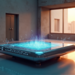 "Revolutionizing Music Composition: How AI Creates New Sounds" "Image of a futuristic AI music composition studio featuring an advanced console with glowing circuitry and sound wave visuals."