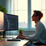 "How to Boost Your Productivity with Top AI Tools for Everyday Use" "A young professional works efficiently at a minimalist desk, surrounded by AI tools like Google Workspace, Microsoft Teams, and Notion on a large monitor."