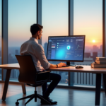 How to Boost Business Growth with AI Automation Solutions "A young professional sits confidently at a desk with a high-resolution touchscreen display reflecting ambient light, interacting with AI-powered interface amidst a tidy office space."
