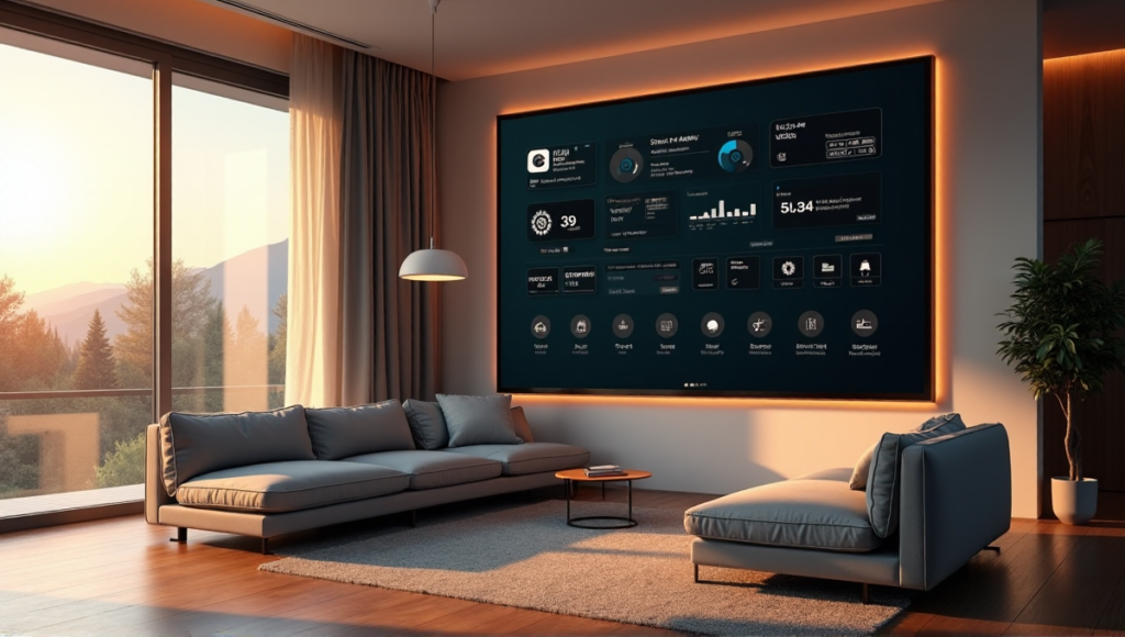"A modern living room featuring a large touchscreen display showcasing AI-powered home automation interfaces and sleek design with subtle LED backlighting."