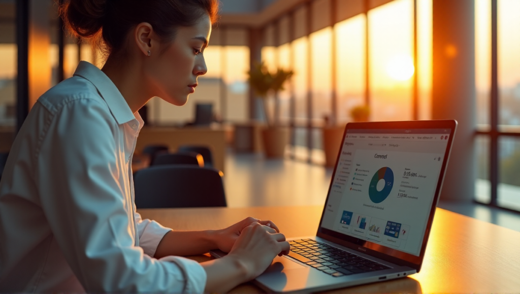 "A young professional sits at a minimalist desk, surrounded by modern office elements, engaged with an AI-powered laptop displaying productivity tools and efficiency software."