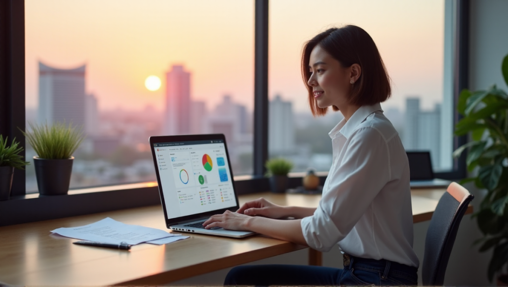"A young professional woman sits at a modern desk, efficiently navigating task management software with AI automation solutions, surrounded by organized papers and plants in a minimalist office space."