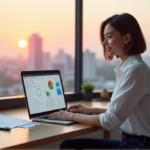 How AI-Powered Task Management Boosts Productivity and Efficiency "A young professional woman sits at a modern desk, efficiently navigating task management software with AI automation solutions, surrounded by organized papers and plants in a minimalist office space."