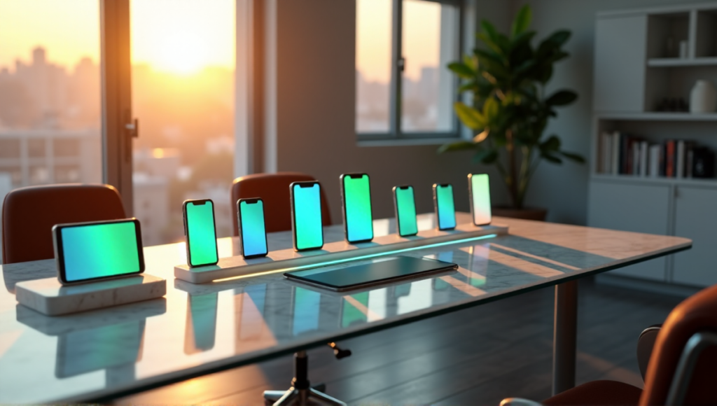 "A serene home office scene featuring ten smartphones displaying AI app icons on a sleek glass desk amidst warm golden hour light."