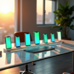 Top 10 AI Apps to Boost Home and Work Productivity "A serene home office scene featuring ten smartphones displaying AI app icons on a sleek glass desk amidst warm golden hour light."