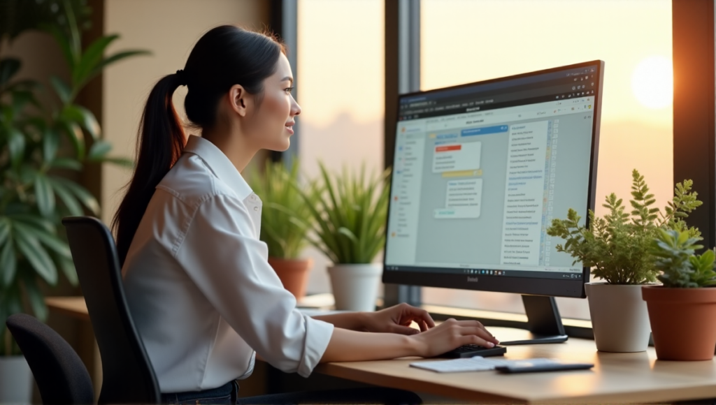 "A young professional sits at a minimalist desk, focused on an AI-powered task management interface on their 4K monitor, surrounded by organized office supplies and plants."