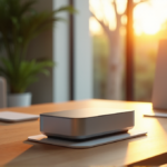 Top AI Apps for Home Project Management: Boosting Efficiency and Productivity in 2025 "A sleek silver smart home hub sits atop a minimalist wooden desk in a modern living room, surrounded by AI-powered tools and devices."