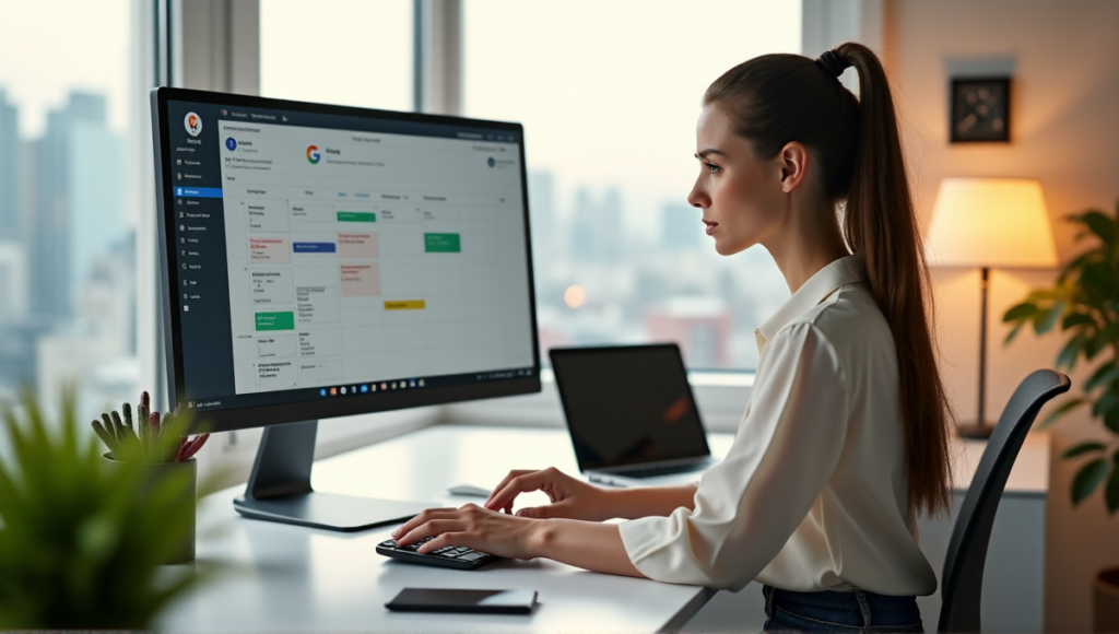 "A young professional woman sits at a minimalist desk, focused on her AI-powered time management tools, surrounded by a clean digital workspace and natural light."