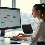"A young professional woman sits at a minimalist desk, focused on her AI-powered time management tools, surrounded by a clean digital workspace and natural light."