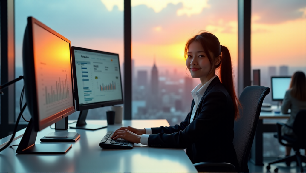 "A young Asian entrepreneur sits confidently at her desk, surrounded by AI-powered marketing analytics tools, with a city skyline view in the background."