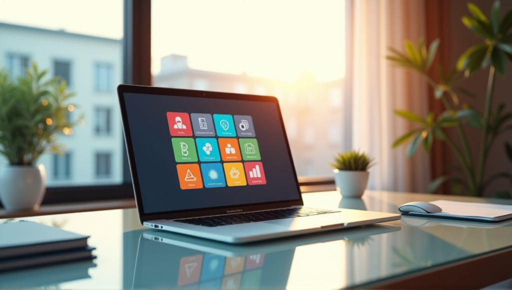 "A modern home office featuring a sleek silver laptop displaying AI tools, surrounded by notebooks and a potted plant in a calm blue gradient background."
