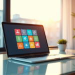 "Unlock Everyday Efficiency with Top 10 Must-Have AI Tools for Seamless Productivity and Business Growth" "A modern home office featuring a sleek silver laptop displaying AI tools, surrounded by notebooks and a potted plant in a calm blue gradient background."