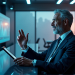 "A high-tech control room with a confident executive gesturing towards data analytics on large screens, holding a tablet, set against a dimly lit background with soft blue LED lighting."