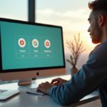 Top AI Apps to Boost Home and Work Productivity in 2025: Essential Tools for Remote Workers "Image of a remote worker using AI-powered productivity tools like Todoist, Trello, and RescueTime on an Apple MacBook Air, surrounded by calming workspace elements."