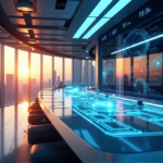 Customer Service AI Solutions: Transforming Customer Support Standards with AI-Powered Automation "A futuristic customer support center featuring a sleek control panel with glowing blue LED lights and holographic displays, surrounded by high-tech computer servers in a well-lit room with cityscape views."