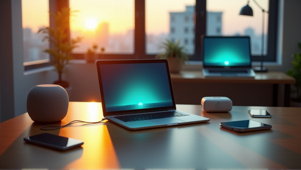 "A modern home office scene featuring a silver laptop, AI-powered devices, and soft blue-green glow in warm golden hour light."