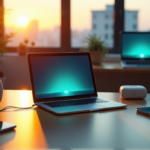 Top AI Apps for Home and Work: Boosting Financial Efficiency and Productivity in 2025 "A modern home office scene featuring a silver laptop, AI-powered devices, and soft blue-green glow in warm golden hour light."