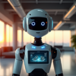 "How AI Automation Solutions Revolutionize Real Estate Operations" "A sleek modern real estate office with an AI-powered robot at its center, surrounded by cutting-edge technology and innovative tools, showcasing the transformative potential of AI Automation Solutions."