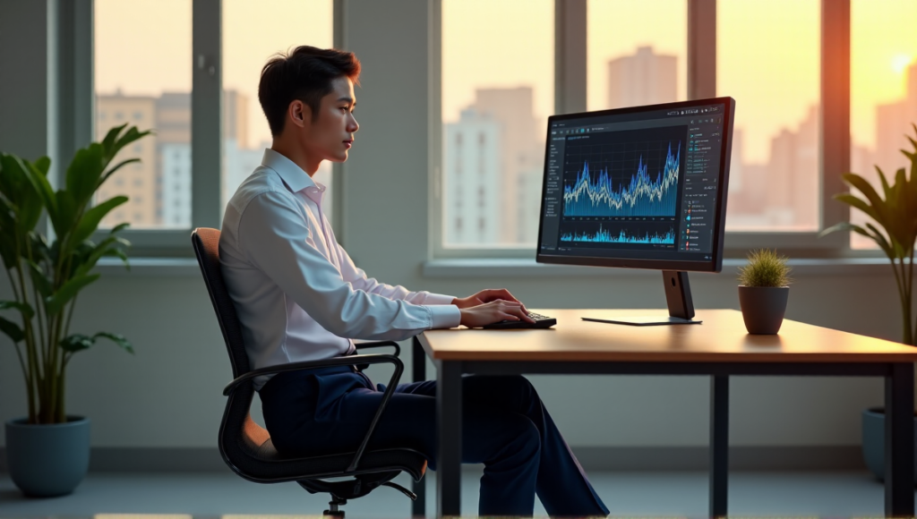 "A young professional sits at a minimalist desk, eyes fixed on an AI-driven analytics graph displayed on a large computer monitor, surrounded by modern office decor and natural light."
