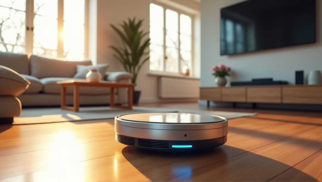 "A serene modern smart home scene featuring an AI-powered robotic vacuum cleaner effortlessly gliding across a polished hardwood floor amidst natural light and subtle gradient hues."