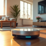"A serene modern smart home scene featuring an AI-powered robotic vacuum cleaner effortlessly gliding across a polished hardwood floor amidst natural light and subtle gradient hues."