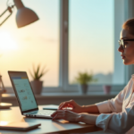 "Top AI Tools for Everyday Use to Boost Home Efficiency and Productivity" A woman in a home office surrounded by AI tools, including a smart speaker, virtual assistant display, and tablet with home automation app, showcasing AI automation solutions in a clutter-free environment.