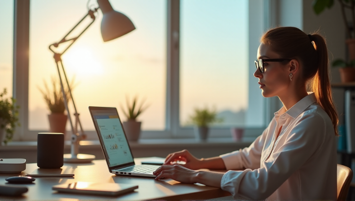 A woman in a home office surrounded by AI tools, including a smart speaker, virtual assistant display, and tablet with home automation app, showcasing AI automation solutions in a clutter-free environment.