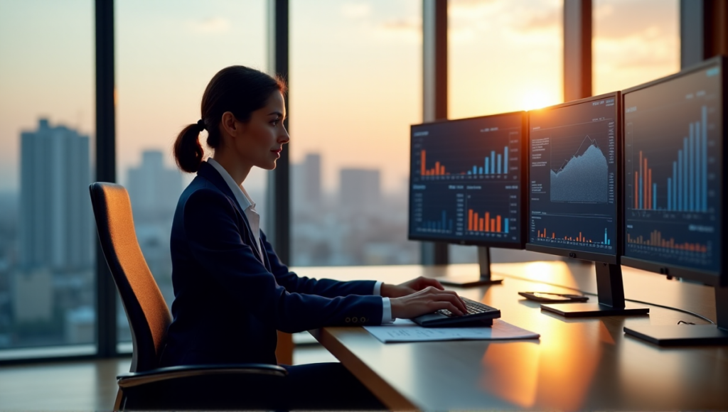 "A female executive sits at her desk in a modern office, surrounded by AI-powered tools and financial planning software, reviewing data with focus and determination."