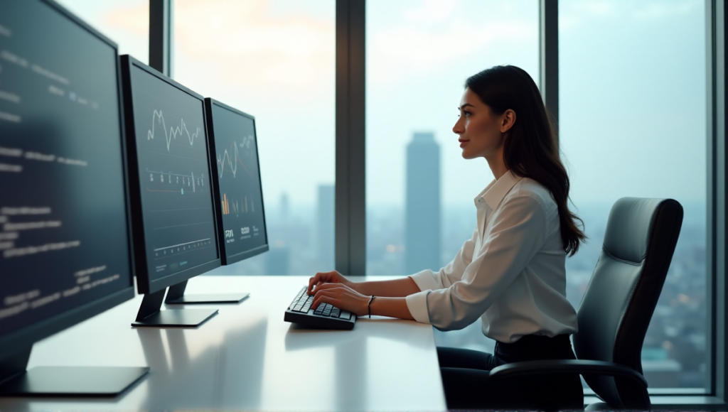 "A marketing executive sits confidently at a minimalist desk in front of an AI-powered computer system, surrounded by data analytics screens on a calm overcast day."