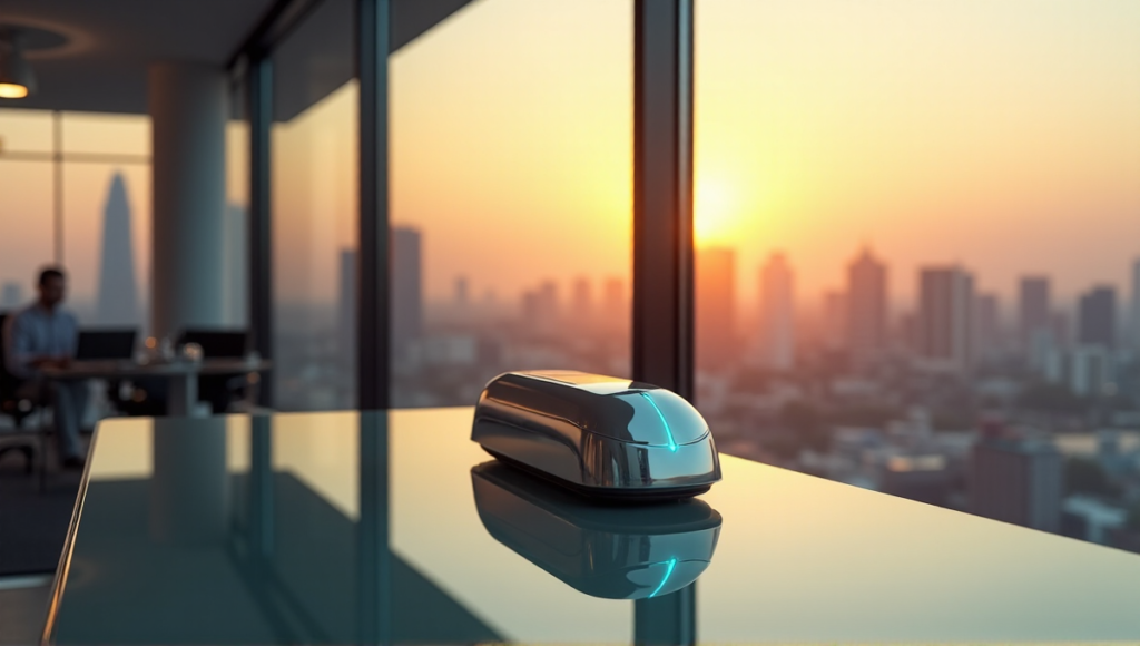 "A sleek silver robotic assistant sits atop a glass desk in a modern office, surrounded by AI-powered project management tools and gadgets."