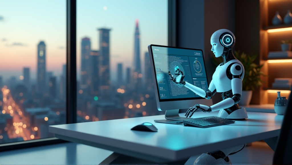 "Image of a futuristic workspace featuring an AI-powered robotic arm with glowing blue accents and data visualizations on a transparent glass screen, set against a cityscape at dusk."