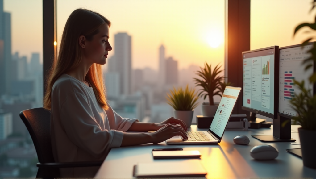 "A young woman sits at a minimalist desk surrounded by AI-powered devices, leveraging AI automation solutions to boost productivity in a serene cityscape."